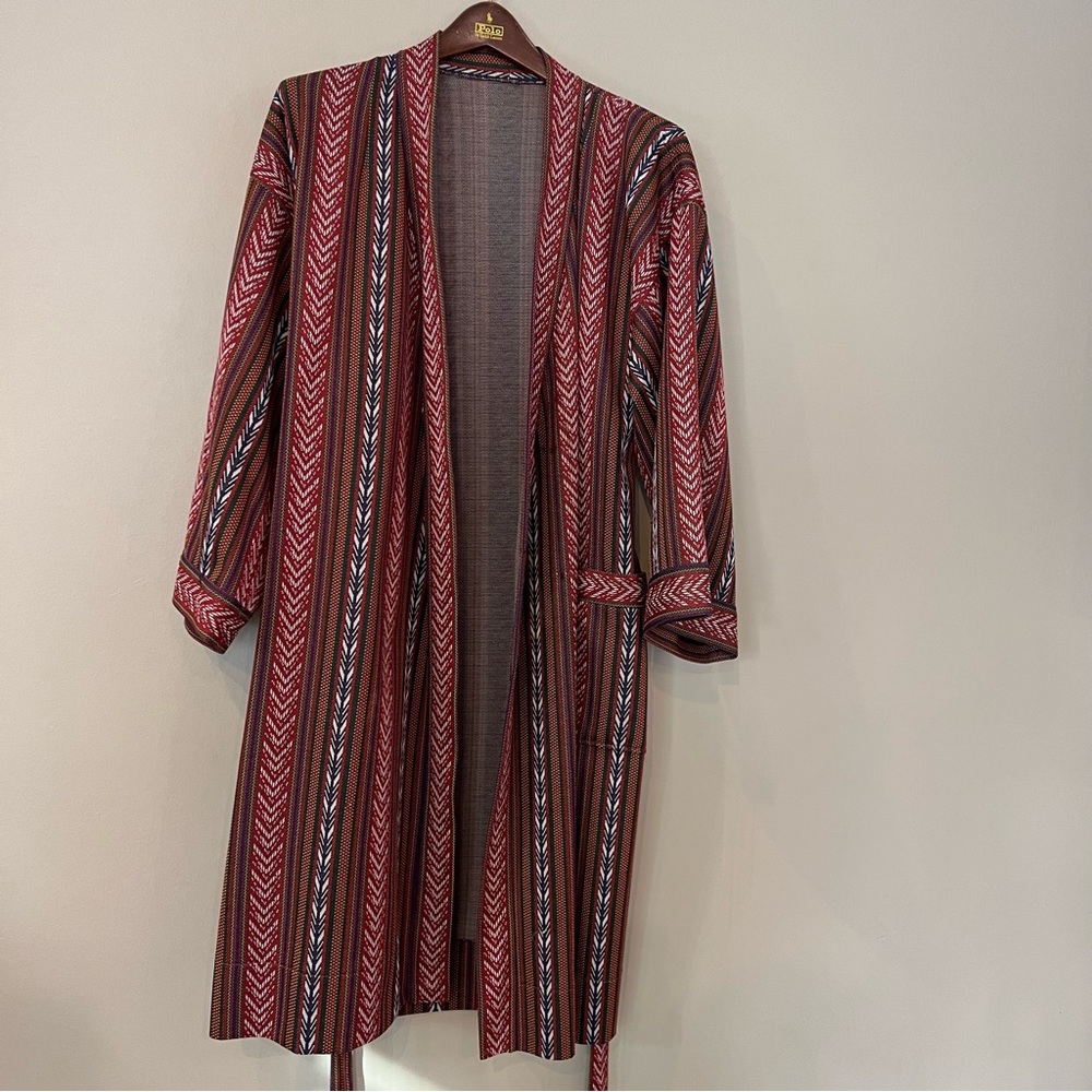 Vintage Aztec Robe Belted Red Arrow Geometric Tight Weave Soft Duster Kimono